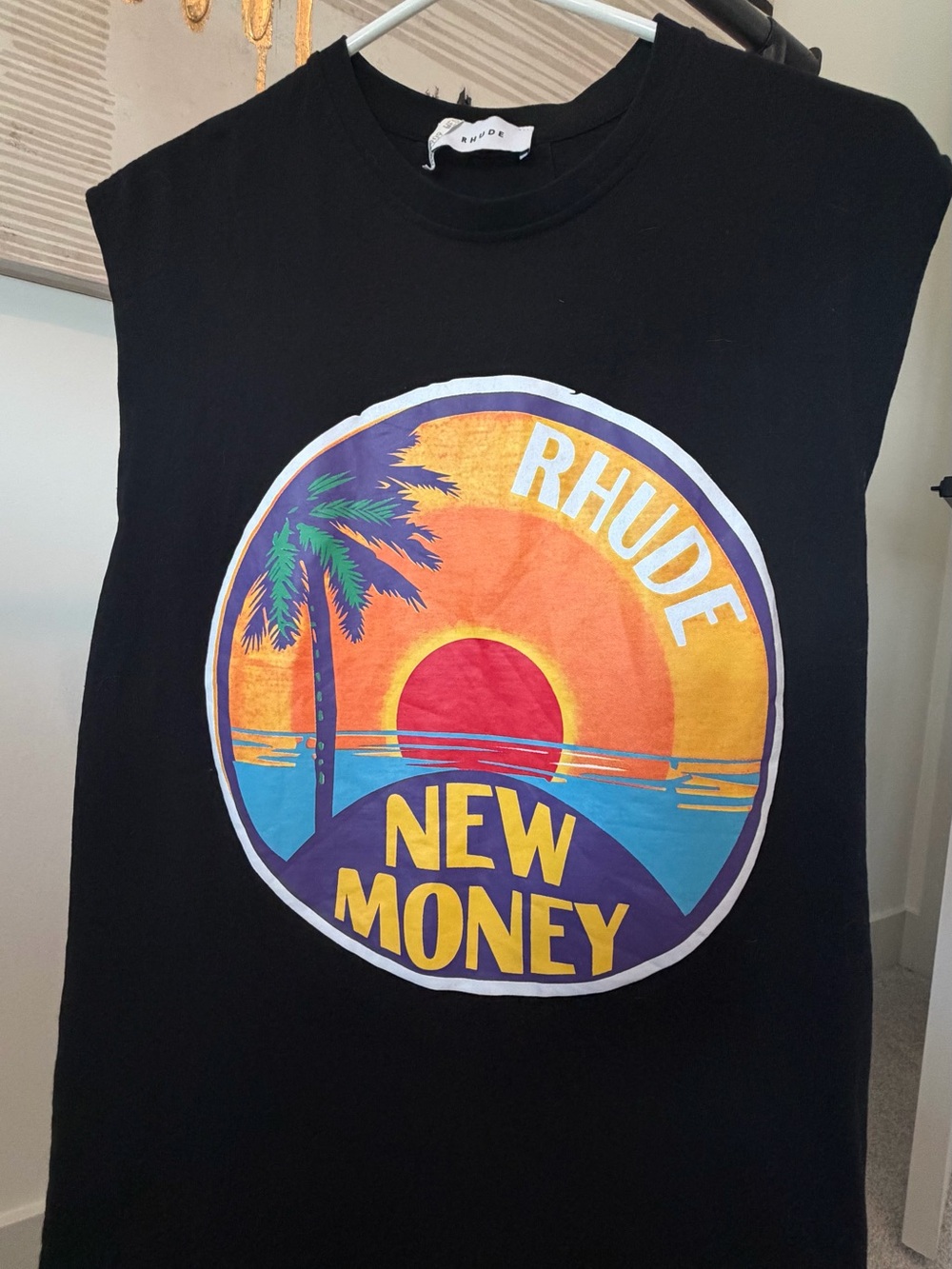 Rhude Black Sleeveless Tee with Sunset Palm Graphic